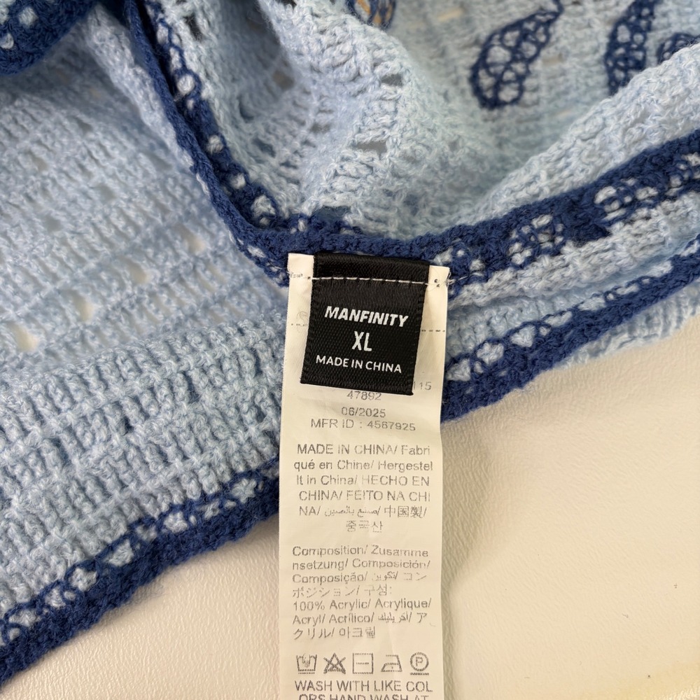 Manfinity Button Down Shirt Mens XL Blue Paisley Crochet Open Knit Short Sleeve - Picture 6 of 8